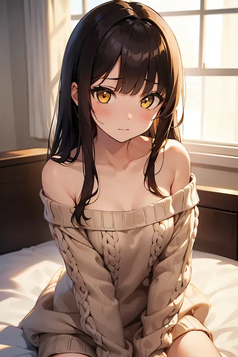 1girl, ((medium-small breasts)), ((shy)), long hair, blunt bangs, brown hair, hazel eyes, yellow eyes, dim lighting, indoors, laying on bed, oversized off shoulder sweater,