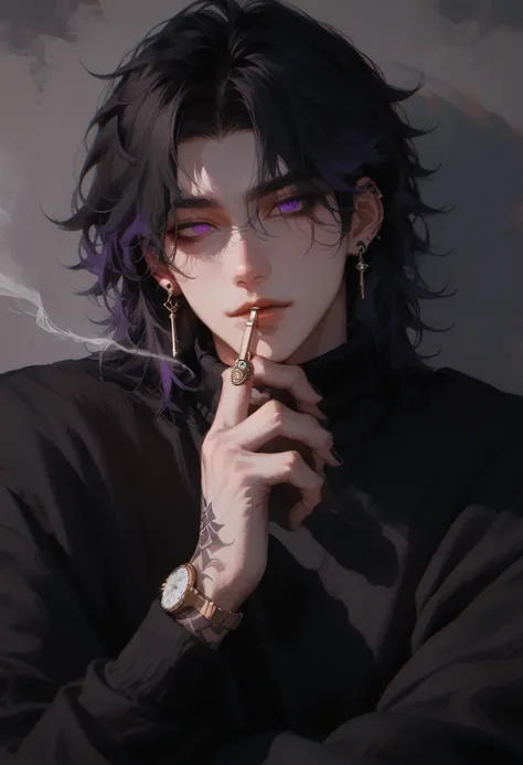 (Score_9, Score_8_up), Score_7_up,  adult male ,  black turtleneck sweater  ,  messy brunette  ,  1 boy ,  purple eyes, black hair highlights, male Key Points,  black earrings  , Key Points, anime style ,  Black Nail Polish  ,  Handsome, SHADOW BACKGROUND ...