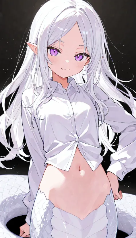 Masterpiece, best quality, score_9, score_8_up, score_7_up, 1girl, lamia monstergirl, white scales, white belly, purple eyes, white hair, long hair, parted bangs, pointy ears, hand on hip, white collared shirt, relaxed, closed mouth, small smile, fang, loo...