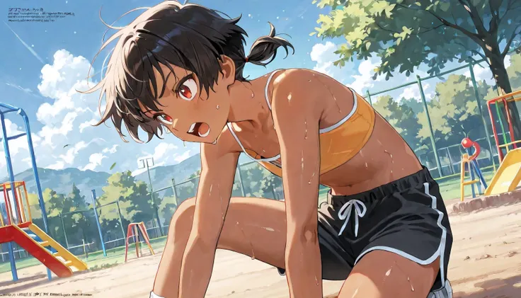 score_9, score_8_up, score_7_up, source_anime, best quality, masterpiece, official art, absurdres, highres, ultra-detailed,waifu2x, rating:general, break,1girl, tomboy, dark-skinned female, short hair, low ponytail, short ponytail, flat chest, beautiful de...