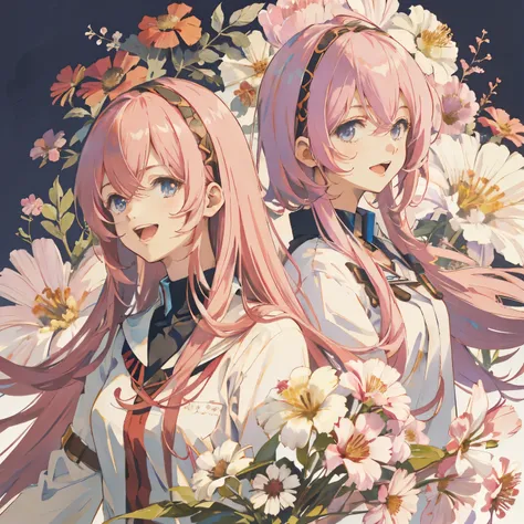 Megurine Luka,  Hi-Res,   staring at God ,  Brush,  smile,    open your mouth ,   shortcuts ,   top quality,   upper body, floral background 