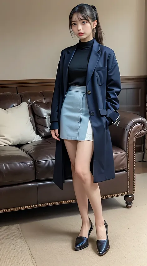 ((  Masterpiece:1.5))、((  living room:1.5))、 ((  full body shot :1.5))、   wear a navy blue blazer   、  Very thigh   、 she is wearing a light blue flared skirt、   has the coat of  、  beauty、Age 15、   Female High School Student、Cool eyes、   well-balanced bod...