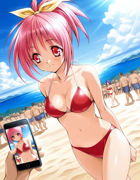 masterpiece, best quality, official art, amazing quality, ultra highres, very aesthetic, highly detailed,
   1girl  ,Serina, shiny eyes, beautiful detailed eyes, BREAK
red bikini,smile,((look away)),(walking),((sunlight)),arms behind back,
standing,seaside...