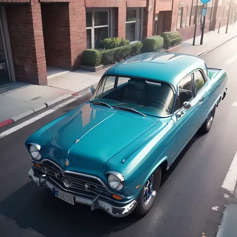 there is a blue car that is driving down the street, kodakchrome : : 8 k, highly detailed hyper real retro, octane renderer”, classic car, retro 5 0 s style, in style of mike savad”, by John La Gatta, vintage car, classic cars, old cgi 3 d rendered bryce 3...