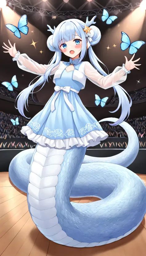 (zPDXL3), ( masterpiece), ( Best Quality),( full five fingers),Dragon Wu , long sleeve,White and blue dress, blue eyes, looking at the audience , long hair, blush, long hair, blue hair, open mouth , bangs,Double bun, see-through sleeve ,Hair accessories,D...