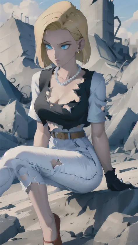 best quality, highres, and18, 1girl, android 18, solo, blonde hair, blue eyes, belt, jeans, pearl_necklace, bracelet, black gloves, white shirt, short hair, short sleeves, earrings, blue pants, open vest, black vest, large breasts, (ruins:1.3), (torn cloth...