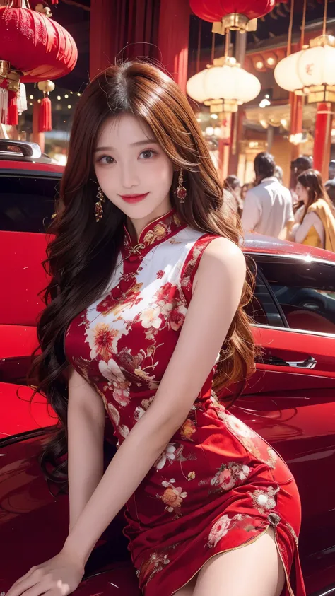   beautiful woman,     Chestnut hair    ,     Beautiful Eyes ,   Smile,  Actual , Full HD,   very beautiful dress  ，Fluffy dress ， curved body，Magnificent view ，Gorgeous decoration，cheongsam，中国发髻