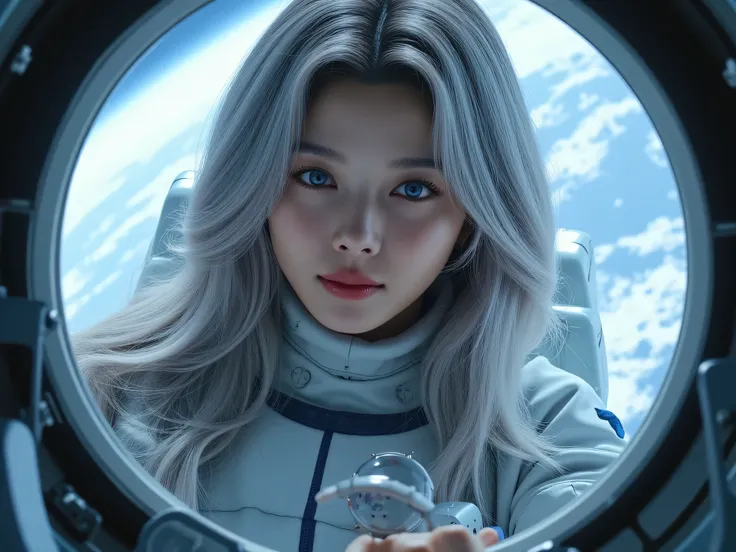 a masterpiece ,Space and astronauts, wavy long silver hair, blue eyes , a female astronaut working Inside the spacecraft, futuristic high tech space station. behind her are huge space station window,face focus