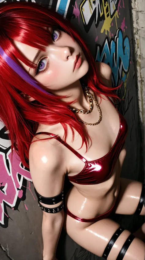 1girl, red hair, purple eyes , solo, gold chain, red and purple metallic street fashion, graffiti paint splatter, slouching, leaning back, sexy, against wall, looking at viewer, armband, thigh strap, streaked hair, paint on body, upturned eyes, head down, ...