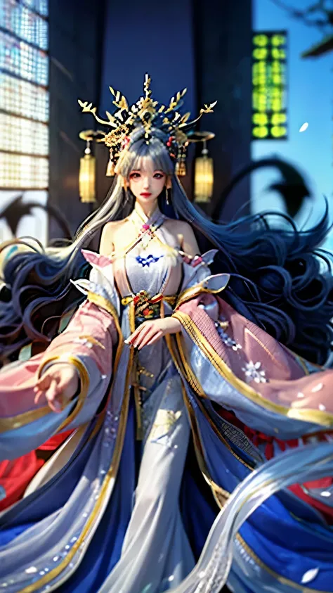 “A long silver-haired woman’s close-up portrait, wearing a soft blue dress ancient chinese hanfu like a goddess that frames her body, sitting on clear water with flying cherry petals, realistic details on skin and fabric, dramatic lighting, background of c...