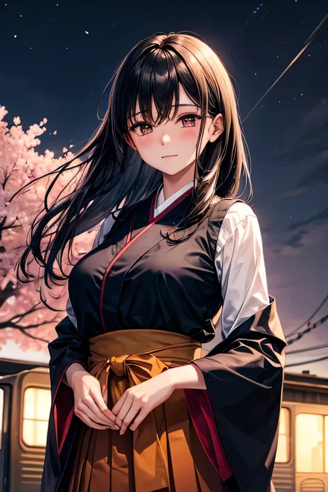 A graceful young lady with long, straight black hair and a calm, traditional aura,(tits),(brown eyes),stands near a train station, her long black hair gently swaying in the evening breeze. She wears a stylish blend of modern and traditional fashion—a hakam...