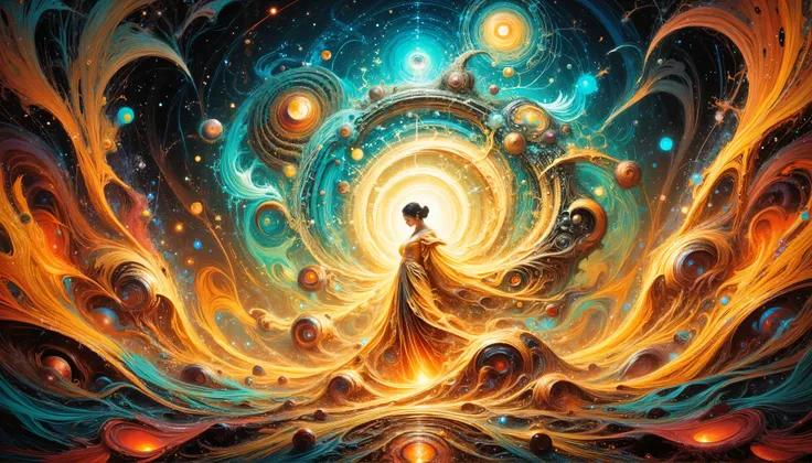 A serene, yet captivating digital artwork, blending the paradoxical harmony of chaos and order, reminiscent of the surrealist masterpieces of Salvador Dali, H.R. Giger, and Zdzisław Beksiński. A luminous, otherworldly female figure, draped in a flowing, di...