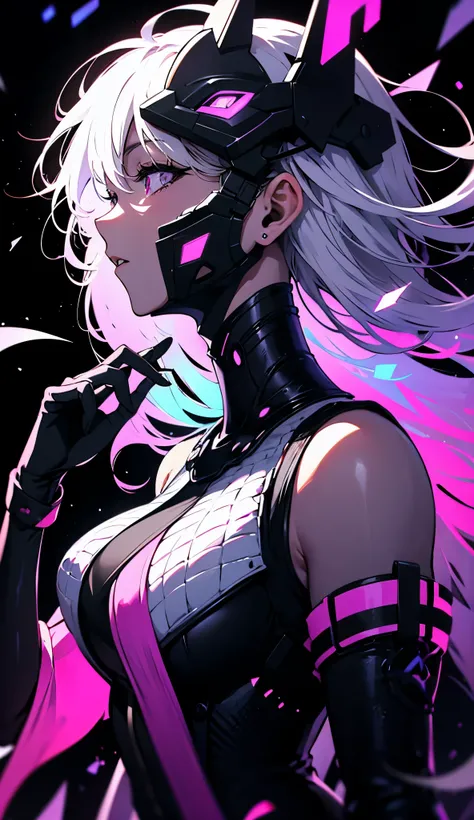 1girl, white hair, multicolored hair, long hair, hair moving on wind,  purple neon eyes, technologic mask on head, sidelighting, light particles in background, wallpaper, costeletas longas, seios medios, decote na camisa, jaqueta bolha, 