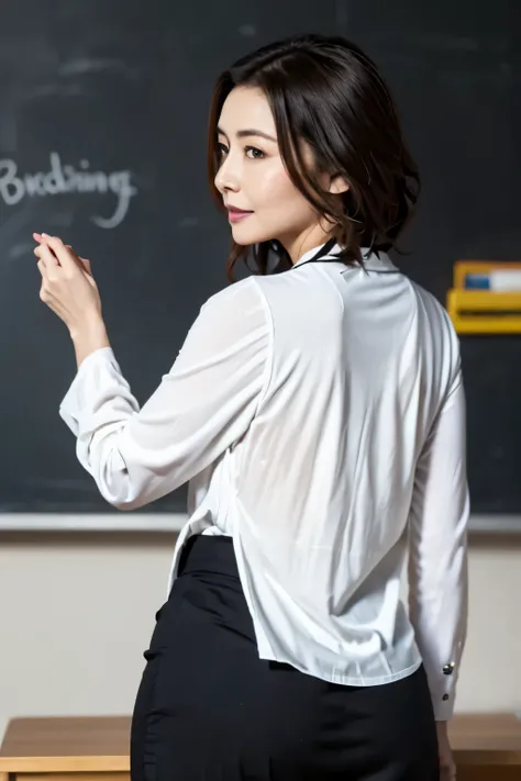 Mature Woman,  white blouse,  black tight skirt , Rear view, Writing with chalk on a blackboard,  short hair, teacher,  raise one hand