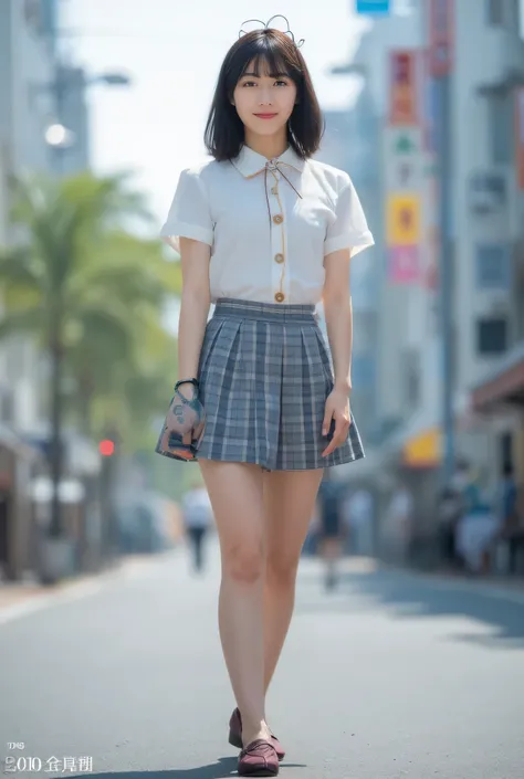 High quality, 8K, beautiful woman, shy smile, (medium short hair), (uniform: 1.3), (plain beige around waist: 1.5), (standing with hands on hips), (white collar shirt: 1.4), ((white collar, no buttons, short sleeves): 1.2), ((bronze blue and gray checkered...