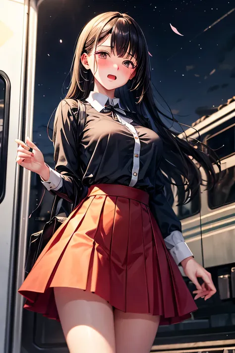 A graceful young lady with long, straight black hair and a calm, traditional aura,(tits),(brown eyes),stands near a train station, her long black hair gently swaying in the evening breeze. She wears a stylish blend of modern and traditional fashion—a mini ...