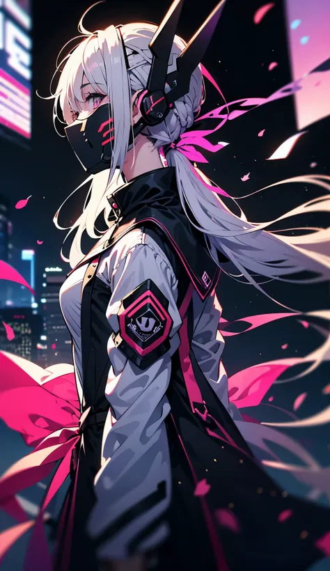  1girl , white hair, multicolored hair, long hair, long ponytail, hair moving on wind,  purple neon eyes, technologic mask on head, sidelighting, leaves flying in the background with a blurry view of a distant city in the background, wallpaper,  long cutle...