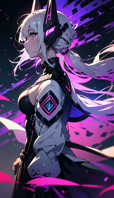  1girl , white hair, multicolored hair, long hair, long ponytail, hair moving on wind,  purple neon eyes, technologic mask on head, sidelighting, leaves flying in the background with a blurry view of a distant city in the background, wallpaper,  long cutle...