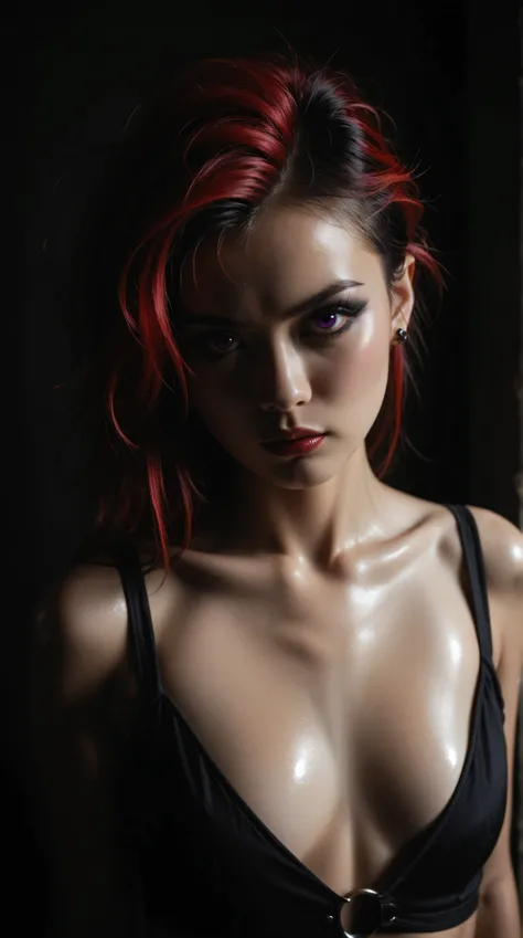 realistic, young asian goth girl, snapshot aesthetic, light black, blacks, reds, and whites, chinapunk, slender, karencore, high details, realsitic shadow, in motion, film still, kizi, clean background, black background, white background, red hair, purple ...