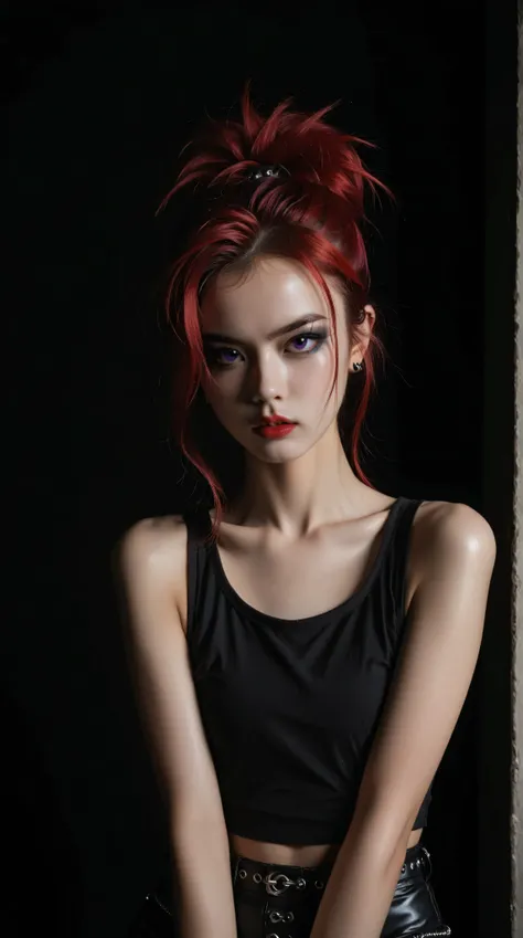 realistic, young korean goth girl, snapshot aesthetic, light black, blacks, reds, and whites, chinapunk, slender, karencore, high details, realsitic shadow, in motion, film still, kizi, clean background, black background, white background, red hair, purple...