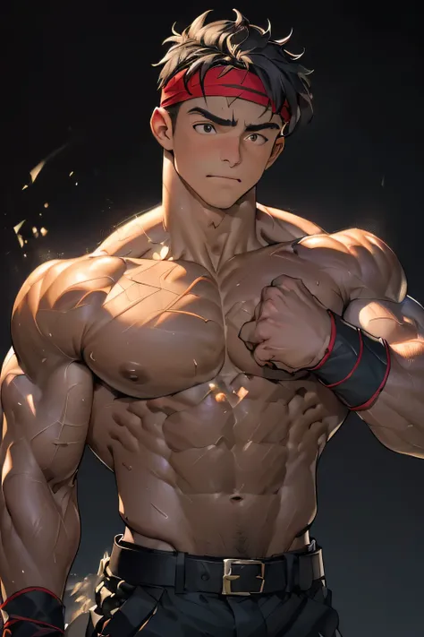 ((masterpiece, best quality)), (((((Black Background, Dark night, (Depth of field:1.2), upper body, looking up))))), (1 boy, Young guy, muscler, Shirtless, topless), ((((1boy, solo, tough, reliable)))), (Dark Short straight hair, ((almost completely shaved...