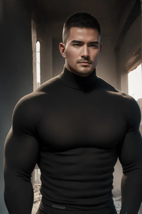 1个 Muscular man,   VERY STRONG ，buzz cut，Ruins in an abandoned city shining in the open sun ，  wearing a charcoal black long sleeve high neck men's tights, Soft and waxy texture of the sweater，He has a sad expression， Lift your chin, buzz cut，,   thick thi...