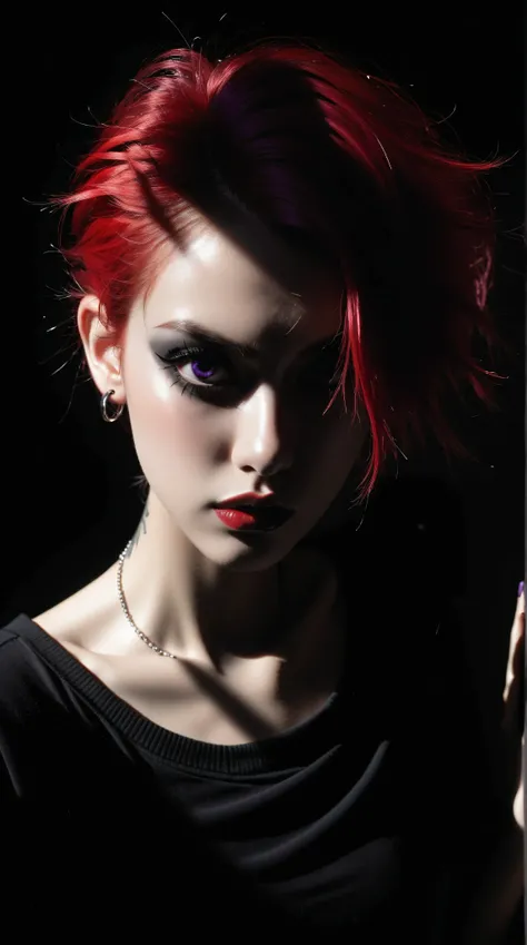 young korean goth girl, snapshot aesthetic, light black, blacks, reds, and whites, chinapunk, slender, karencore, high details, shadow, in motion, film still, kizi, clean background, black background, white background, red hair, purple eyes, annoyed, heavy...