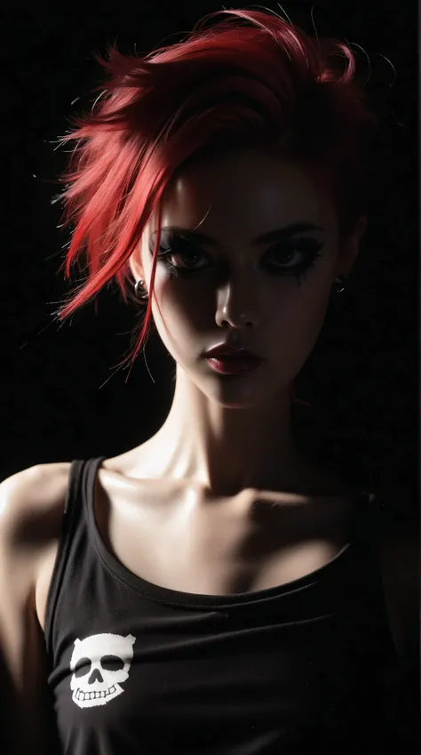 young korean goth girl, snapshot aesthetic, light black, blacks, reds, and whites, chinapunk, slender, karencore, high details, shadow, in motion, film still, kizi, clean background, black background, white background, red hair, purple eyes, annoyed, heavy...