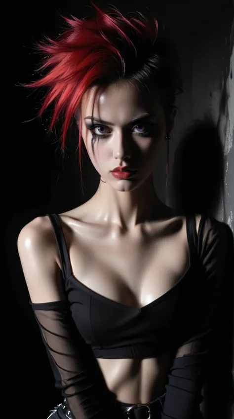 young korean goth girl, snapshot aesthetic, light black, blacks, reds, and whites, chinapunk, slender, karencore, high details, shadow, in motion, film still, kizi, clean background, black background, white background, red hair, purple eyes, annoyed, heavy...