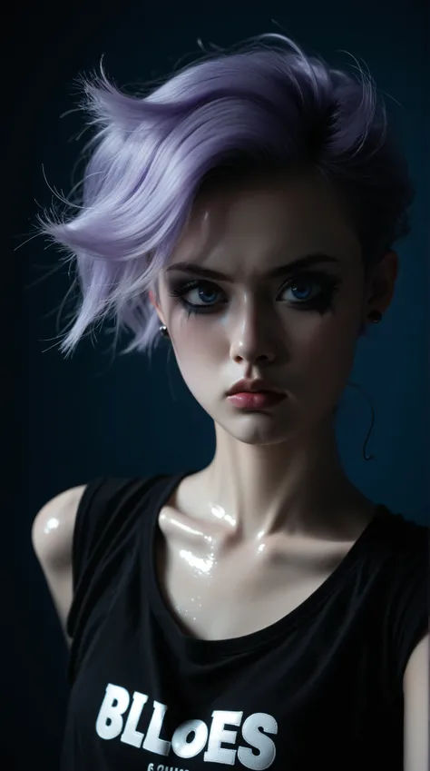 young korean goth girl, snapshot aesthetic, light black, blues, purples, and whites, chinapunk, slender, karencore, high details, shadow, in motion, film still, kizi, clean background, blue background, white background, purple background, light purple hair...