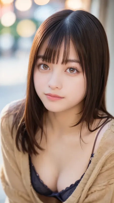 woman , beautiful face,smile、(lean forward lean forward :1.3), lace bra, Oversized Sweater , woman用オフショルダートップ,(valley:1.2),( saggy chest :1.1)、 super real , Hi-Res , top quality,8k, Masterpiece, front view、Natural skin