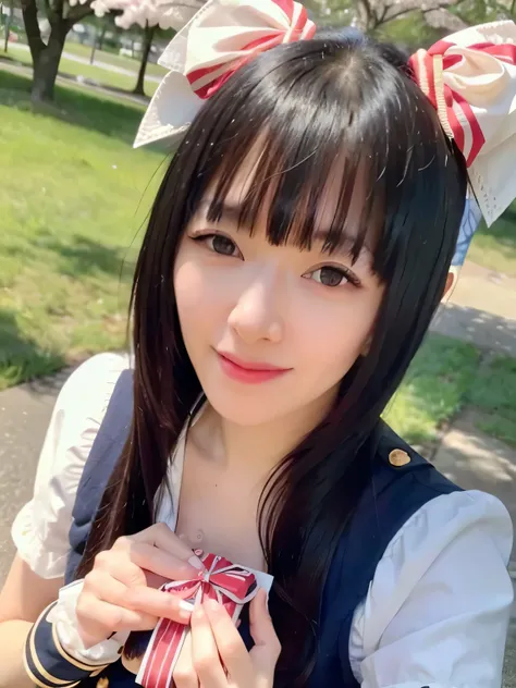 A stunningly beautiful 20-year-old woman stands in a lush green park full of cherry blossoms in full bloom under a clear blue sky. She is wearing a classic sailor uniform and holds a neatly wrapped gift box with a red ribbon in both hands in front of her c...