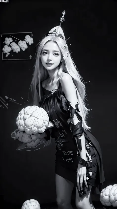   Highest& Masterpiece,Ultra HD 4K, Smile、((black and white brainstorm photo :1.6)),(( white straight slightly disheveled, no hair ornament, long hair:1.4)),Adult Girl ,open shoulder one piece dress  