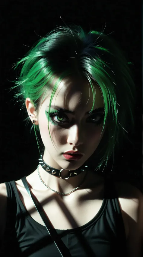 young korean goth girl, snapshot aesthetic, light black, greens, blacks, and whites, chinapunk, slender, karencore, high details, shadow, in motion, film still, kizi, clean background, black background, white background, green background, metallics, green ...