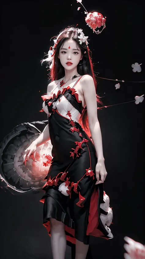   Highest& Masterpiece,Ultra HD 4K, Smile、((Cherry Blossom Petals Dancing Background )),((black and white brainstorm photo :1.6)),((Rouge and only dresses only crimson :1.6)),(( white straight slightly disheveled, no hair ornament, long hair:1.4)),Adult Gi...