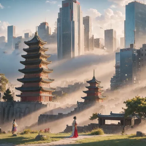 （（（watercolor））））landscape，buildings in a city with a pagoda in the middle of the city, cyberpunk chinese ancient castle, watercolor，stylized urban fantasy artwork, dreamy chinese town, concept art ， highly rendered, game art matte painting, matte painting...