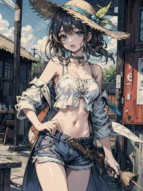 looking at viewer, earring, big breasts, medium hair, half updo, hair ornament, black hair, eye rolling, drooling, saliva, cowboy shot, casual, blouse, white shirt, buttoned shirt, bare shoulders, collarbone, midriff, navel, shorts, straw hat,