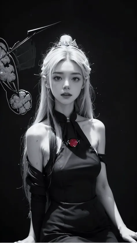   Highest& Masterpiece,Ultra HD 4K, Smile、(( red rouge on a low stone)),((black and white brainstorm photo :1.6)),(( white straight slightly disheveled, no hair ornament, long hair:1.4)),Adult Girl ,open shoulder one piece dress  