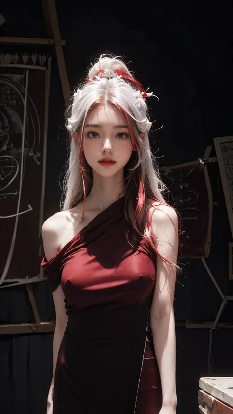   Highest& Masterpiece,Ultra HD 4K, Smile、(( red rouge on a low stone)),((Full color Brainstorming Pictures:1.6)),(( white straight slightly disheveled, no hair ornament, long hair:1.4)),Adult Girl ,open shoulder one piece dress  