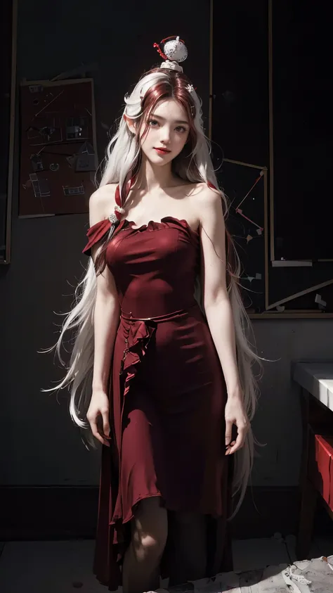   Highest& Masterpiece,Ultra HD 4K, Smile、(( red rouge on a low stone)),((Full color Brainstorming Pictures:1.6)),(( white straight slightly disheveled, no hair ornament, long hair:1.4)),Adult Girl ,open shoulder one piece dress  