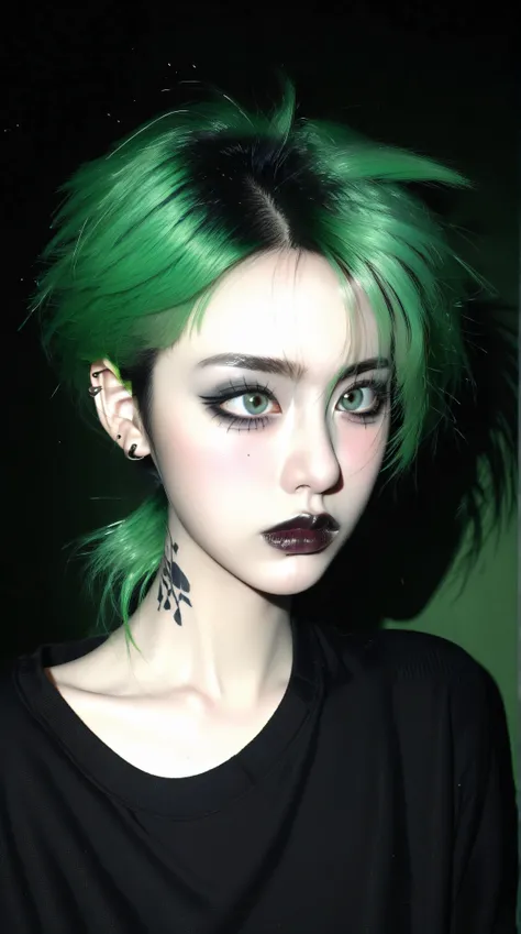 young korean goth girl, snapshot aesthetic, light black, greens, blacks, and whites, chinapunk, slender, karencore, high details, shadow, in motion, film still, kizi, clean background, black background, white background, green background, metallics, green ...