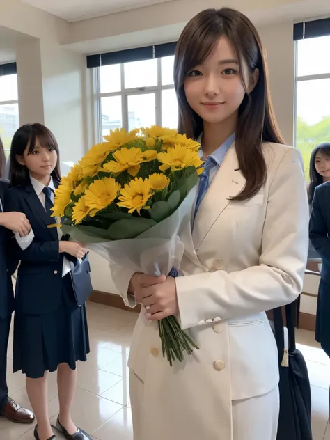 (((Suits for visiting parents and siblings))),((School、Graduation Ceremony)),(( top quality)),  realistic, 非常に Detailsな, 細かく Detailsに, (( Hi-Res)), 8k、whole body、 Japanese woman 、(curvy),(busty)、( MIDDLE HAIR)、 brunette colored hair 、 glamour、20th Generati...