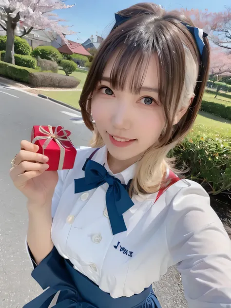 A stunningly beautiful 20-year-old woman stands in a lush green park full of cherry blossoms in full bloom under a clear blue sky. She is wearing a classic sailor uniform and holds a neatly wrapped gift box with a red ribbon in both hands in front of her c...