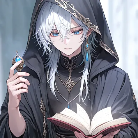 Man with blue eyes,  white hair, black hood, wearing an earring, using a small book in hand, only one person.