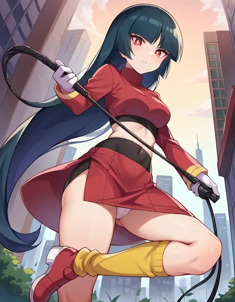 score_9, score_8_up, score_7_up, source_anime,
pokemonsabrina, pokemonsabrina, black hair, long hair, bangs, blunt bangs, red eyes, hime cut, sidelocks, white pupils,
jacket, crop top, bodysuit, covered navel, midriff, red jacket, turtleneck, side slit, gl...