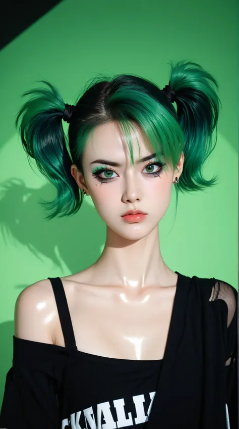 young korean goth girl, snapshot aesthetic, light black, greens, blacks, and whites, chinapunk, slender, karencore, high details, shadow, in motion, film still, kizi, clean background, black background, white background, green background, metallics, green ...