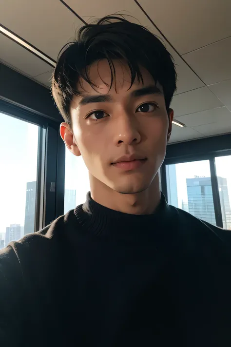  Japanese male　 handsome　 short dark hair  　　short cropped 　　 slim figure　　　　 wearing an oversized sweater　face super close up　 Full Glass Training Room Interior　　　　 Outside is a group of futuristic city skyscrapers on a cold day 　もっとface super close up　