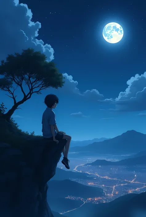 A anime character is sitting in the end of the mountain and in down their is a city and the back of anime character a tree And it is full moon night with stars