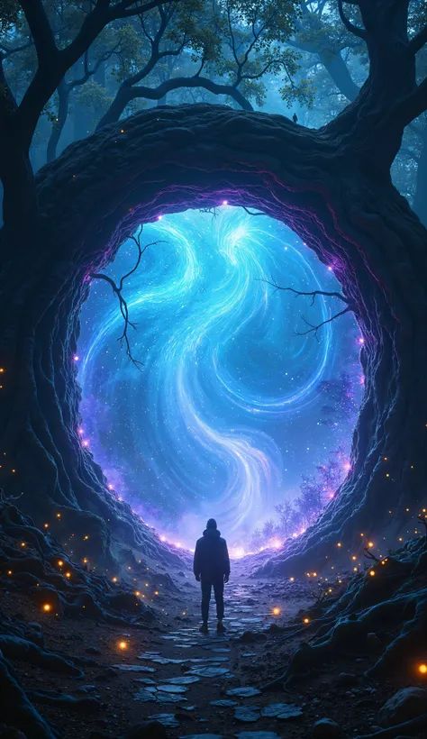 An ancient glowing portal surrounded by twisted trees in a deep enchanted forest, swirling blue and purple magical energy inside the portal, fireflies illuminating the shadows, a lone traveler standing in awe before it, ultra-detailed textures, strong cine...