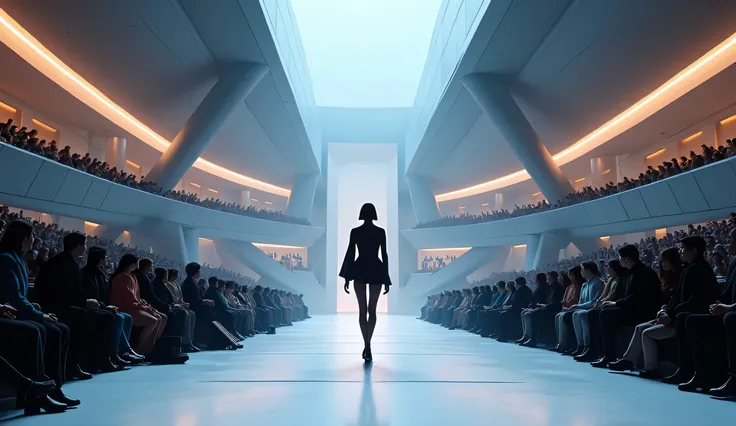 Futuristic fashion runway architecture, model, audience, reality, chill light, night. Impressive architecture